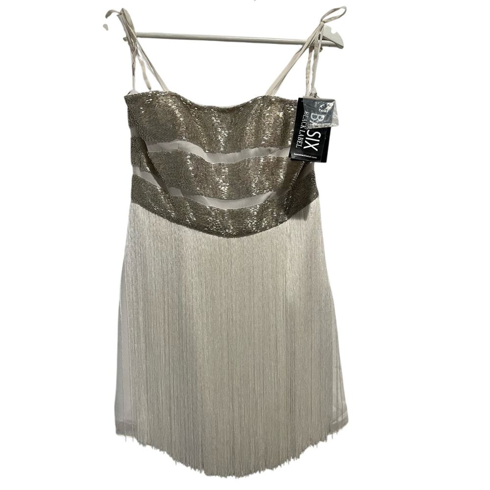 Basix Black Label Silk Beaded Fringe Cocktail Dress White Silver Size 4